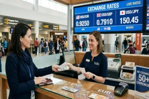 Traveler receiving cash during Currency Exchange at airport kiosk