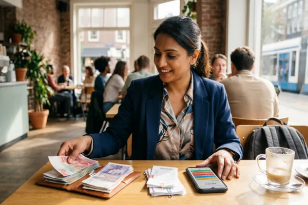 Una mujer preparándose para el cambio de divisas con billetes extranjeros organizados.