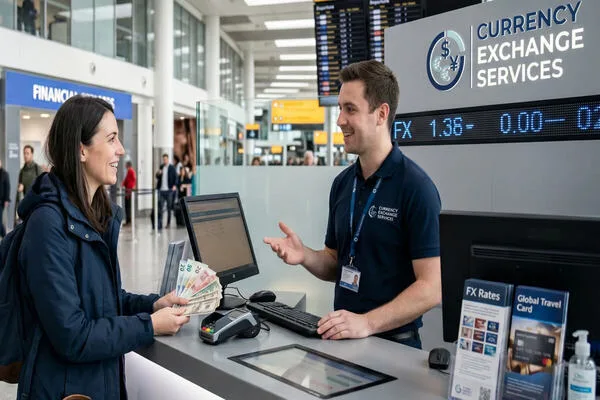Interacción del servicio de cambio de divisas del aeropuerto entre el cliente y el personal.
