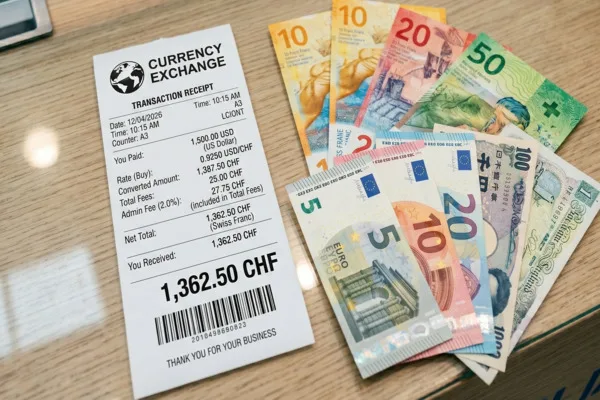 Primer plano del recibo de cambio de divisas y varias monedas internacionales.
