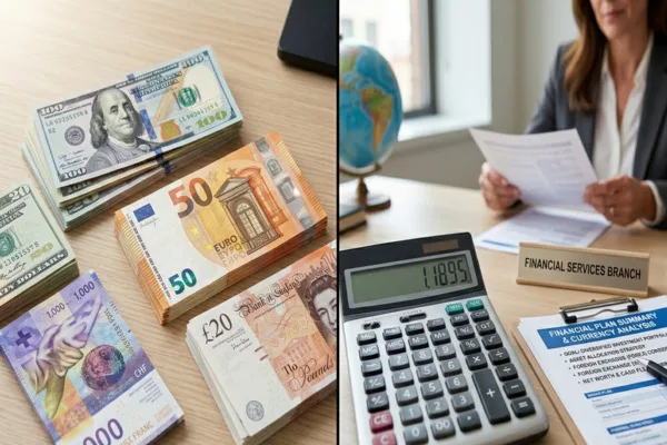Currency Exchange comparison with cash stacks and banking paperwork