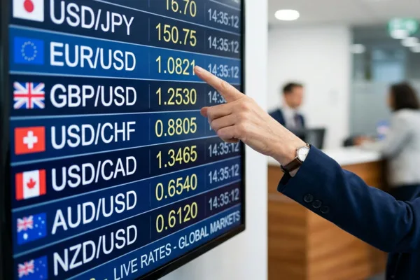 Customer reviewing Currency Exchange rates display screen 
