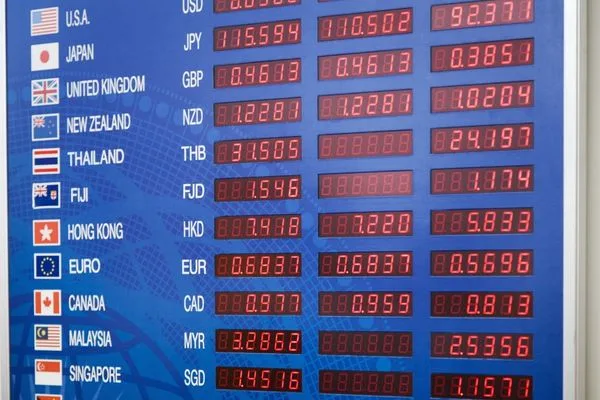 Pantalla digital de tipos de cambio con divisas globales