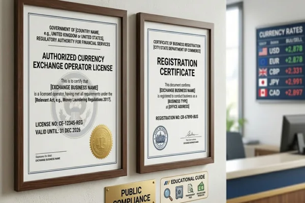 Framed Currency Exchange registration and operator certificates