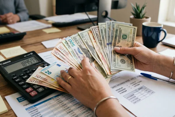 Manos contando dinero durante el proceso de cálculo del cambio de divisas.