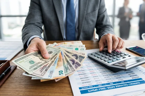 Manos sosteniendo varias monedas con una calculadora para cambio de divisas.
