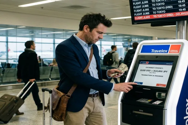 Man accessing Currency Exchange machine at airport terminal