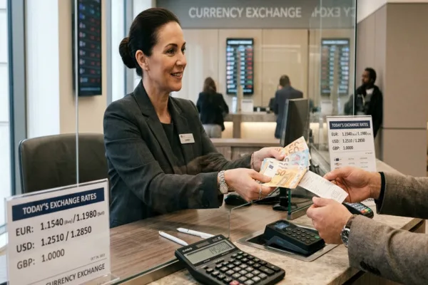 Cajero entregando euros en la ventanilla de cambio de divisas.