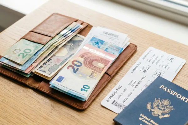 A desk with Currency Exchange essentials