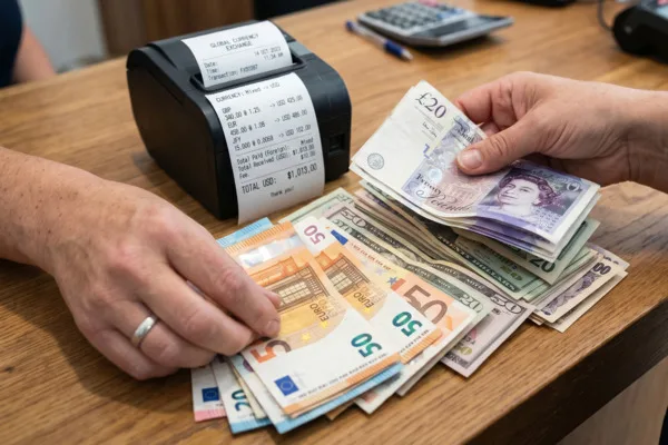 Close-up Currency Exchange payment with mixed international bills 
