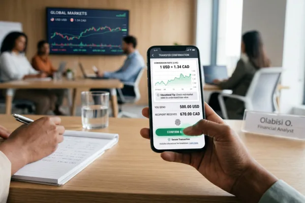 Currency Exchange app showing global transaction on smartphone screen 
