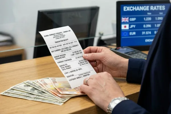 Cliente revisando el recibo en el mostrador de cambio de divisas.