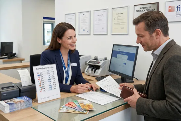 Friendly staff assisting client at Currency Exchange desk 
