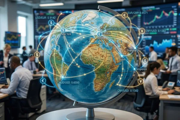 Global Currency Exchange network displayed on globe with rates