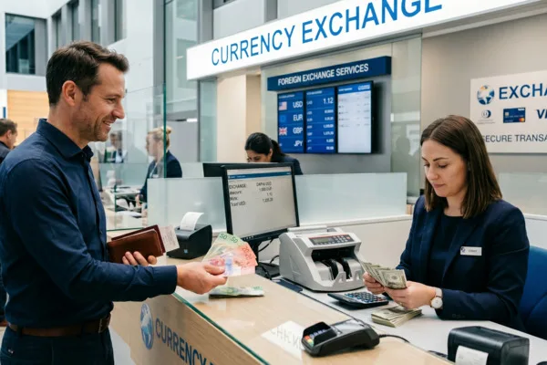 Teller processing Currency Exchange while customer waits at counter 
