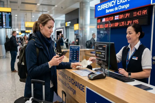 Traveler using Currency Exchange counter at busy airport terminal