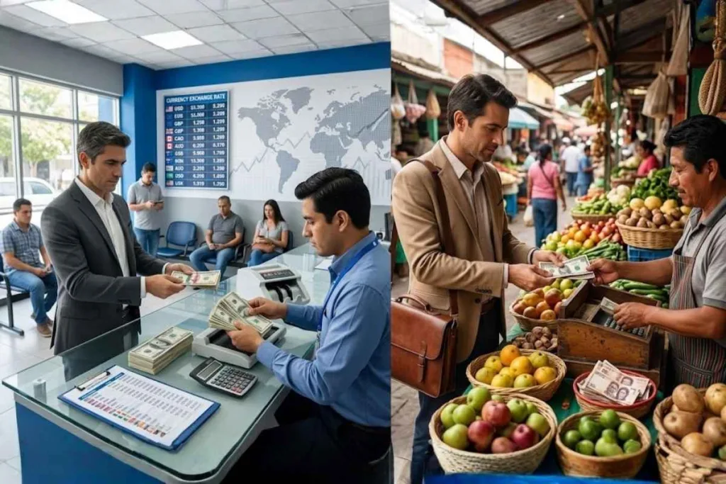 Negocio de cambio de efectivo en el mostrador del mercado local