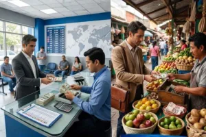 Negocio de cambio de efectivo en el mostrador del mercado local
