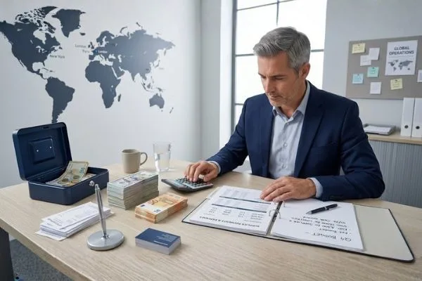 Planificación financiera empresarial con efectivo y documentos en el extranjero