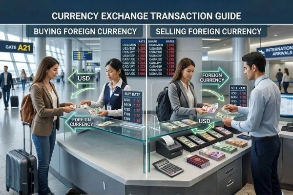 Ilustración de la dirección de la transacción de compra y venta de moneda extranjera