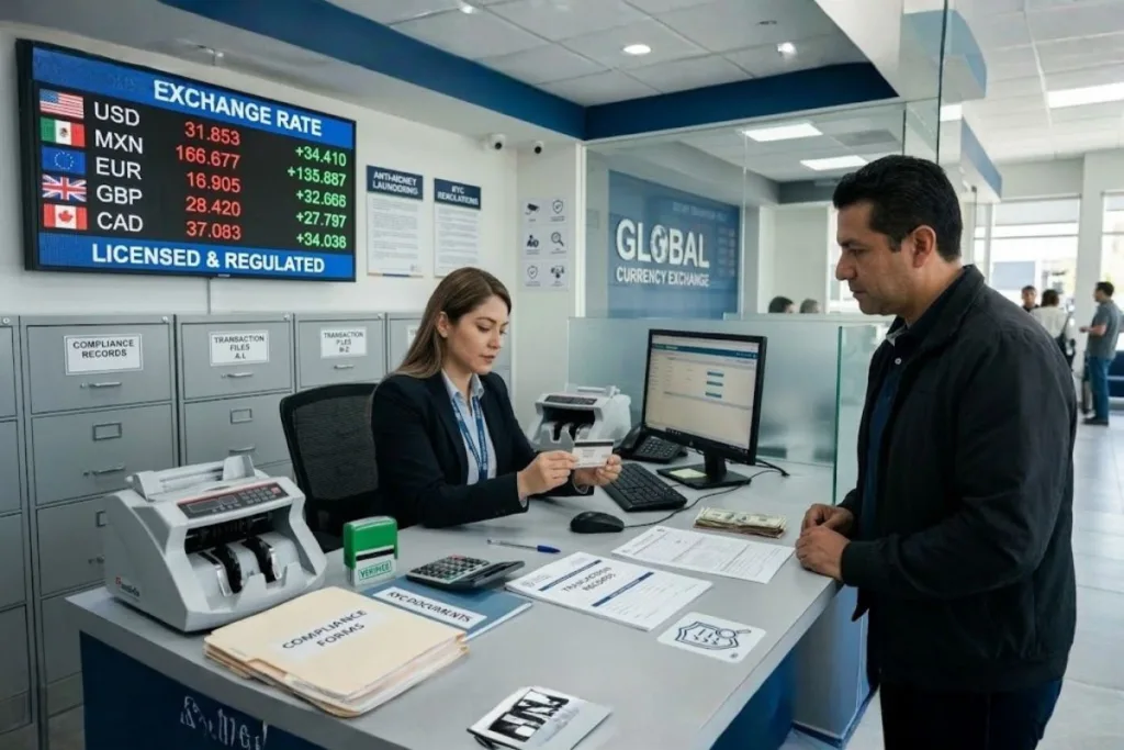 Verificación de identidad en el mostrador de servicio de cambio de divisas