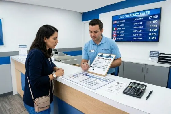 Agente de cambio de divisas que muestra tarifas y comisiones transparentes