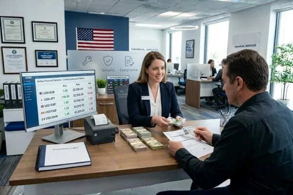 Consulta de cambio de divisas que muestra tipos de cambio y datos financieros