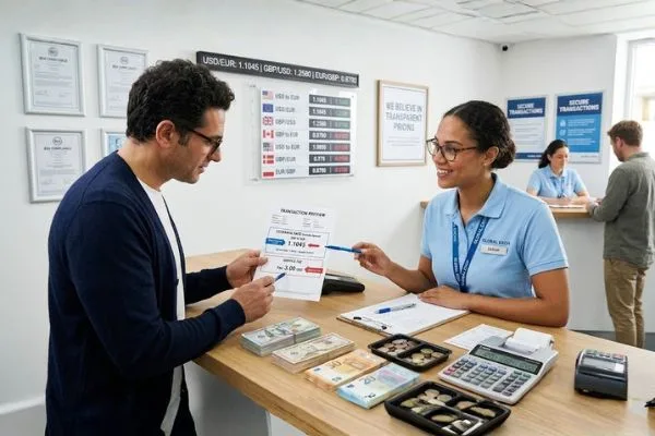 Currency Exchange customer reviewing fees and rates 