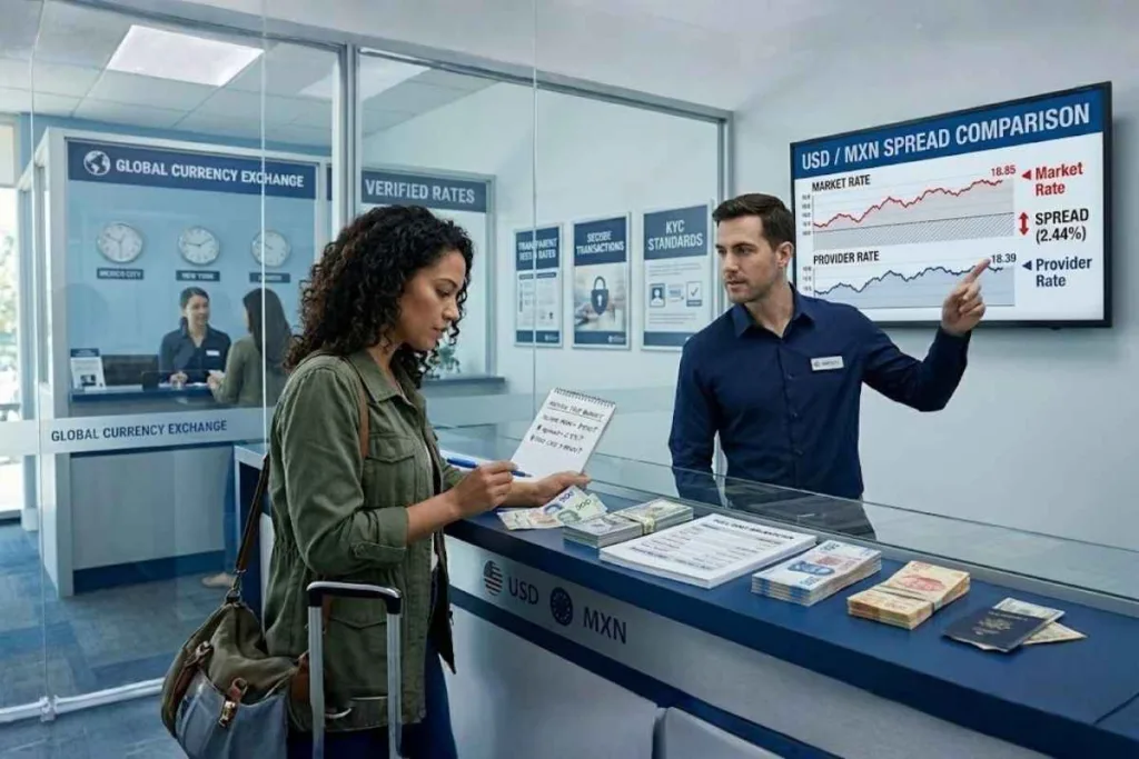 Cliente de cambio de divisas revisando las tasas en ventanilla