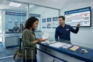 Cliente de cambio de divisas revisando las tasas en ventanilla