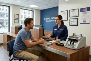 Servicio de atención al cliente de cambio de divisas en la oficina financiera