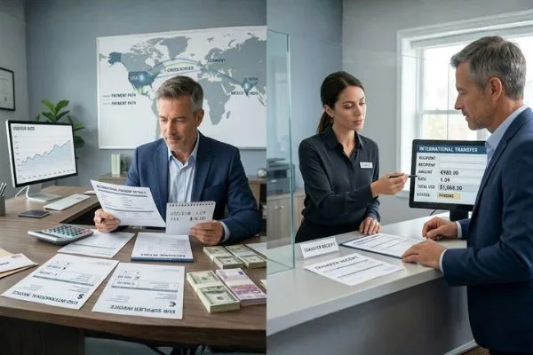 Proceso de cambio de divisas con facturas e interacción con el servicio 