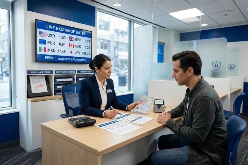 Personal de la casa de cambio explicando las tasas y la verificación
