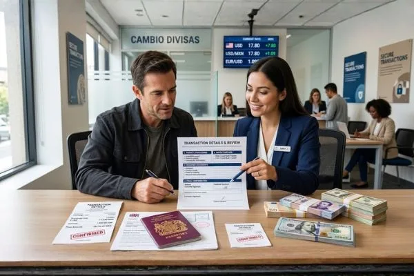 Customer reviewing Currency Exchange transaction details and receipt