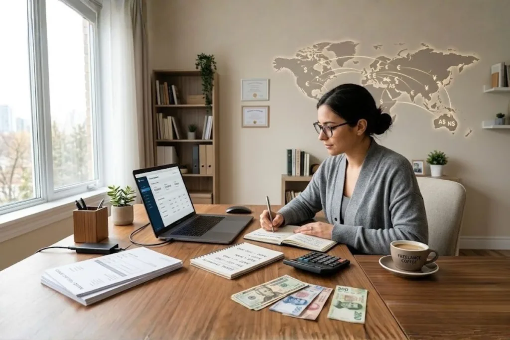 Freelancer internacional revisando facturas durante pagos de cambio de divisas