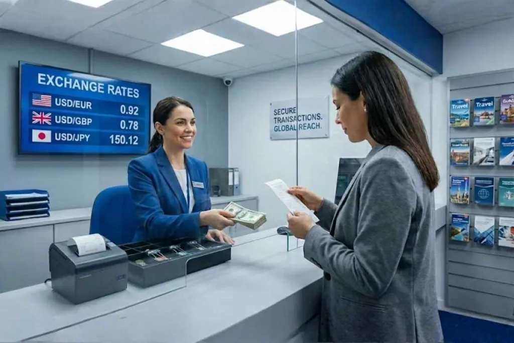 Transacción segura en mostrador de cambio de divisas minorista