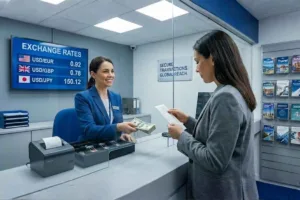 Transacción segura en mostrador de cambio de divisas minorista