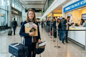 El viajero se preparó con el cambio de divisas antes de la salida del aeropuerto