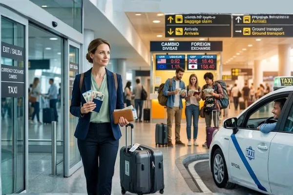 Viajero utilizando efectivo de cambio de divisas para pagar el taxi