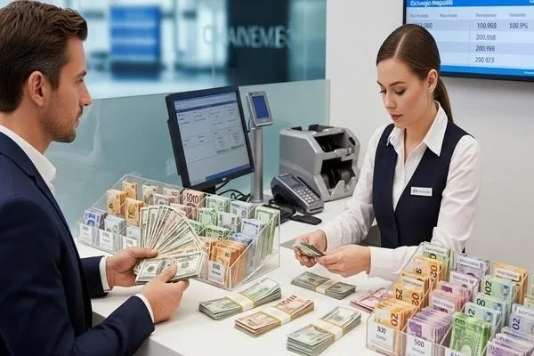 El proveedor de cambio de divisas organiza las denominaciones para el cliente.
