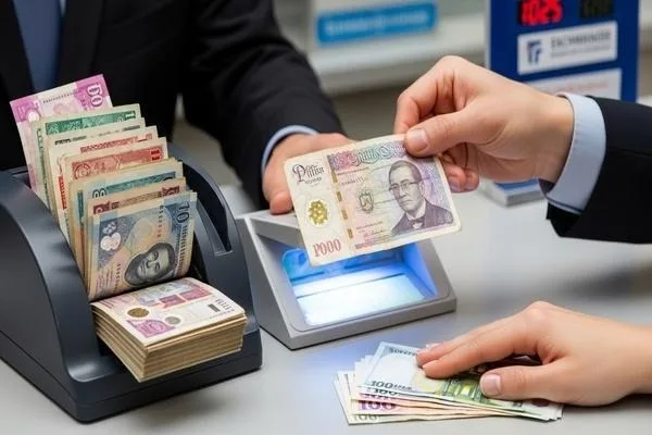 Verificación y aceptación de billetes antiguos en la ventanilla de cambio. 
