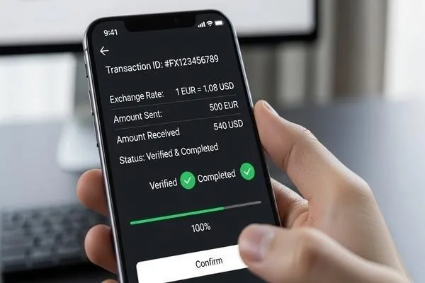 Pantalla del móvil mostrando el cambio de divisas verificado y completado. 
