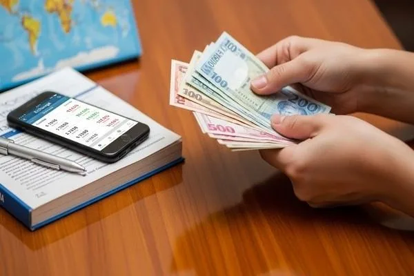 Planning currency exchange by counting foreign cash before visit
