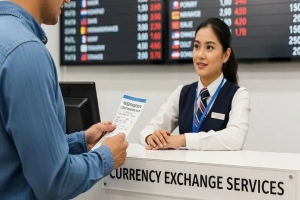 Customer confirming currency exchange reservation with service provider
