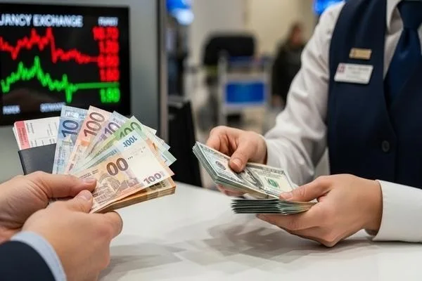 Cliente cambiando divisas mostrando las diferencias en el método de procesamiento.