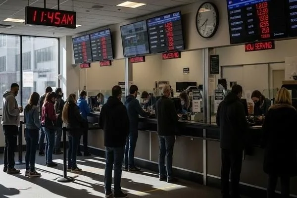 In-person currency exchange queues affecting transaction speed 
