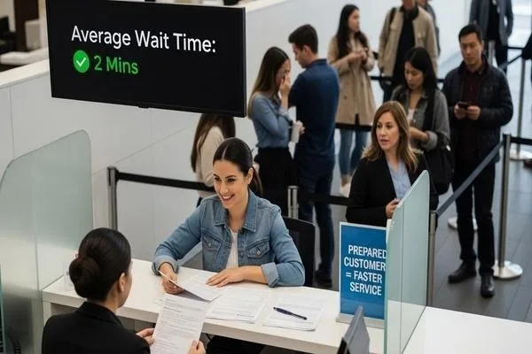 Cliente preparado realizando un cambio de divisas más rápido durante las horas pico.
