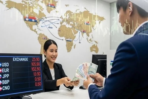 Transacción de cambio de divisas empresarial que refleja los patrones de demanda del comercio mundial.
