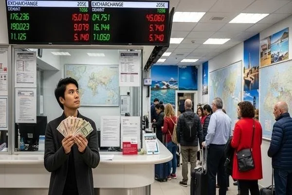 Viajero con dinero en efectivo en una concurrida ventanilla de cambio de divisas estacional. 
