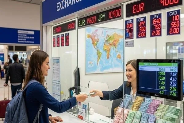 Estudiante cambiando divisas en una oficina de cambio presencial en el extranjero.
